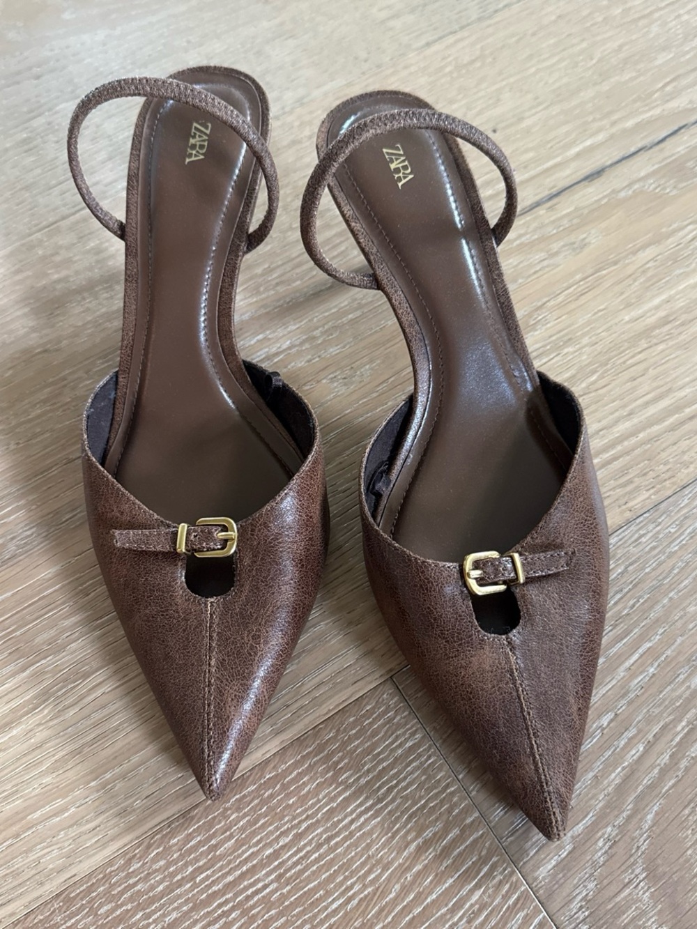 Zara Chestnut Pointed Buckle Slingback Heels